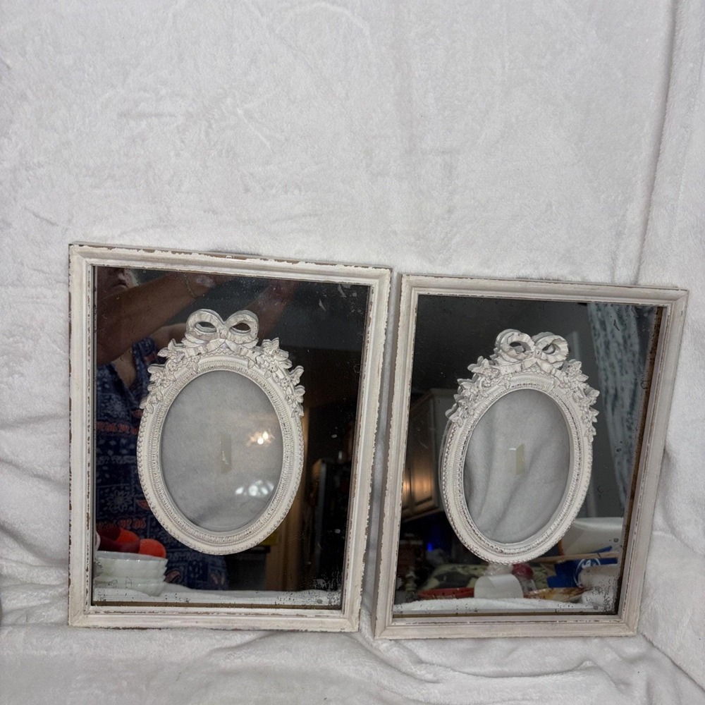 Vintage 70 Shabby Chic Mirror‎ Frame Pair French Country Oval Ribbon Aged Patina